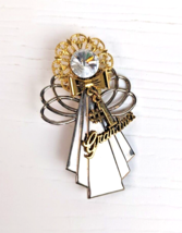 Vintage Brooch Pin Angel rhinestone Silver Gold Tone #1 Grandma charm - $9.89