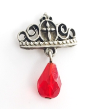 VTG Bob Siemon Designs BSD Silver Tone Crown Cross Dangle Red Bead Pin Religious - $14.99