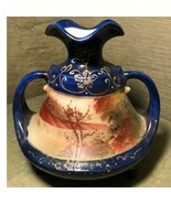 Noritake? Hand Painted Landscape Cobalt Blue &amp; Gold Gilded 3-Footed Vase... - $36.44
