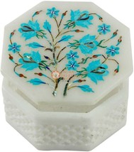 Marble Jewelry Box Turquoise Inlay Stone Floral Filigree Design Box Gift E2019 - £185.52 GBP