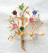 Multi-color Rhinestone Gold-tone Sterling Silver Tree Brooch 1960s vint. 2 1/8&quot; - £15.11 GBP