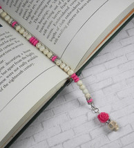 Skull Rose Beaded Thong Bookmark Howlite Rhinestone Handmade White Pink New - £15.03 GBP