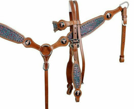 Western Horse Teal + Pink Leather Tack Set Bridle Headstall + Breast Collar - £69.68 GBP