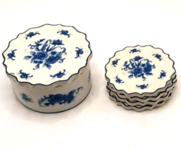 Blue/White Porcelain Box with 4 Coasters Cork Backed - £9.62 GBP