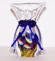 Exquisite Murano Art Glass Aquarium 3 Fish Bag Cobalt Ribbon 4 5/8&quot; Paperweight - £33.29 GBP