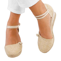 Sandals Summer Women Retro Linen Canvas Wedge Round Toe Casual Sandals Singles S - £24.01 GBP