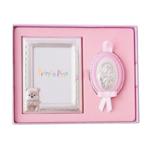 New Born Welcome Baby Girl Silver Gift Set with Virgin Mary Icon and Photo Frame - £55.35 GBP
