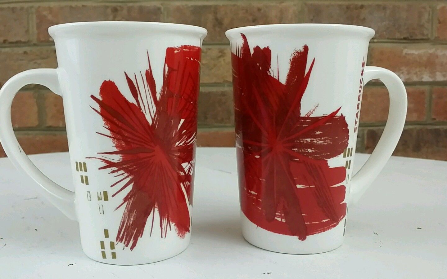 Starbucks Coffee Mugs Red Gold Tall 12oz Abstract Art 2014 SET OF 2  (aaa) - $15.56