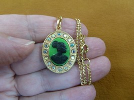 CA30-142) RARE African American LADY green + black CAMEO brass pendant necklace - £23.08 GBP