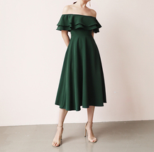 Dark Green A Line Off Shoulder Tea Dress Custom Plus Size Wedding Guest Dress
