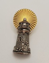 Vintage AVON Lighthouse &amp; Removable Sun Goldtone Silver Two Piece Lapel Hat Pin - £15.34 GBP