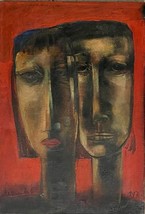 Stefan Alexander Vintage 1970 Oil Painting, Couple on Red Background, 55 x 38 cm - £227.97 GBP