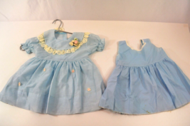 Baby Blue Girls Dress w Slip Kids Summer Frock Rose Lace Vintage Floral Easter - £23.25 GBP