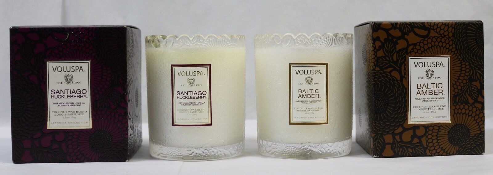 Primary image for 2 Pc VOLUSPA Japonica Candle Set Lot - Santiago Huckleberry & Baltic Amber NIB