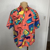 Vintage 1980s Speedo Shirt Loud Abstract Colorful Coral Aqua TV Button-Up Collar - £58.42 GBP