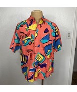 Vintage 1980s Speedo Shirt Loud Abstract Colorful Coral Aqua TV Button-Up Collar - $74.24