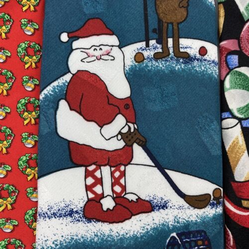 Christmas Ties Lot of 4 Candy Canes Santa Claus Playing Golf Wreaths Holiday Item image 4