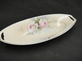 Antique PSAG Bavaria Hand Painted 12&quot; Oval Relish Celery Dish Pink Roses - £8.81 GBP