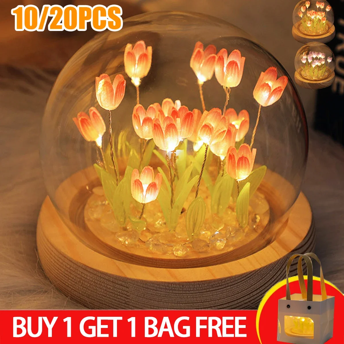 DIY Tulip Flower Night Light With Glass Cover Bedside Light LED Night Lamp Table - £14.44 GBP+