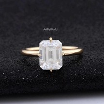 Emerald Cut Engagement Ring Yellow Gold Wedding Ring Hidden Halo Moissanite Ring - £77.84 GBP