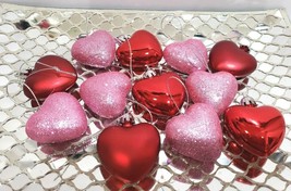 (12) Valentines Day Pink Glitter Red Hearts 2&quot; Plastic Tree Ornaments Home Decor - £12.65 GBP