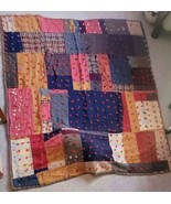 Vintage Quilt Hand Sewn Multicolor Yarn knot Large Block Patchwork 65&quot;x75&quot; - $1,092.05 CAD