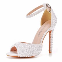 Gladiator Buckle Strap Pumps Platform Sandals White Pearl Women Wedding Shoes Th - £65.82 GBP