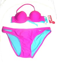 Xhilaration Hot Pink &amp; Mint Green Molded Push Up Bikini Swimsuit NWT Sz M/XL  - £31.64 GBP