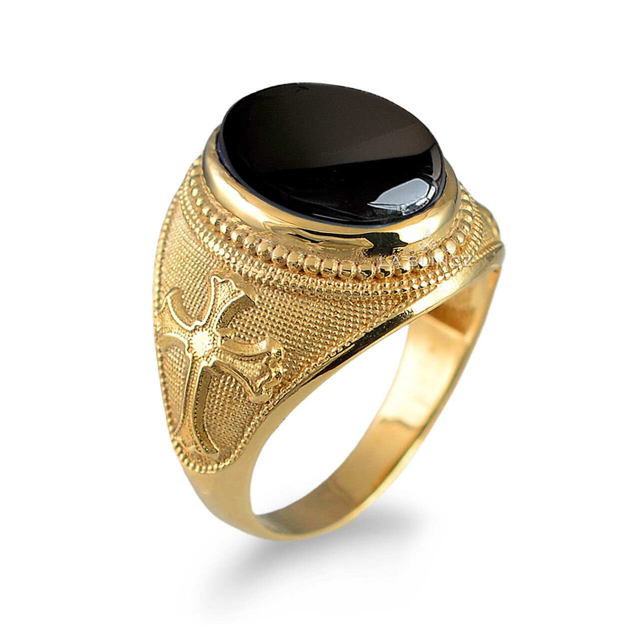 10K Gold Fleur-de-Lis Cross Black Onyx Oval Gemstone Ring Item image 2