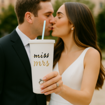 Kate Spade Travel Tumbler Straw &quot;Miss to Mrs&quot; White With Gold Lettering - $10.99