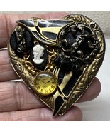 Vtng Steampunk Heart Beads Cameo Vintage Bronze Gold Brooch Artist Signe... - $16.46 CAD