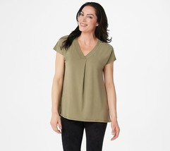 H by Halston Jet Set Jersey Extended Shoulder V-Neck Top with Pleats Green Tea M - £7.41 GBP