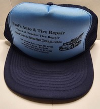 Pauls Auto &amp; Tire Repair Trucker Mesh Cap Hat Navy &amp; Light Blue Adjustable - £9.47 GBP