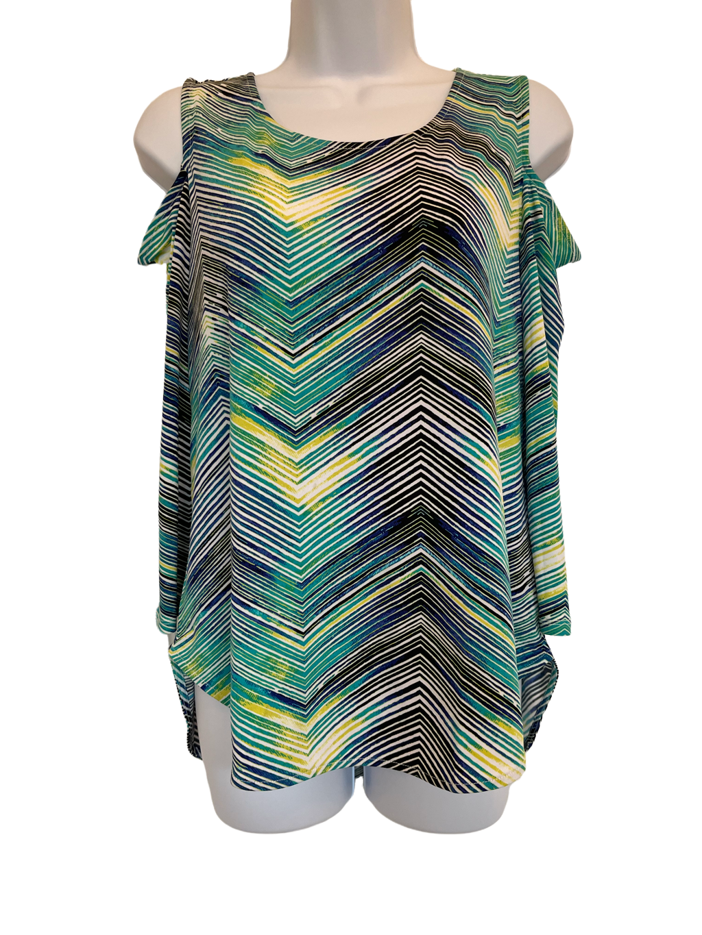 Primary image for Worthington Womens Small Green Yellow Graphic Chevron Print Cold Shoulder Top