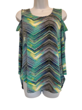 Worthington Womens Small Green Yellow Graphic Chevron Print Cold Shoulder Top - £7.41 GBP