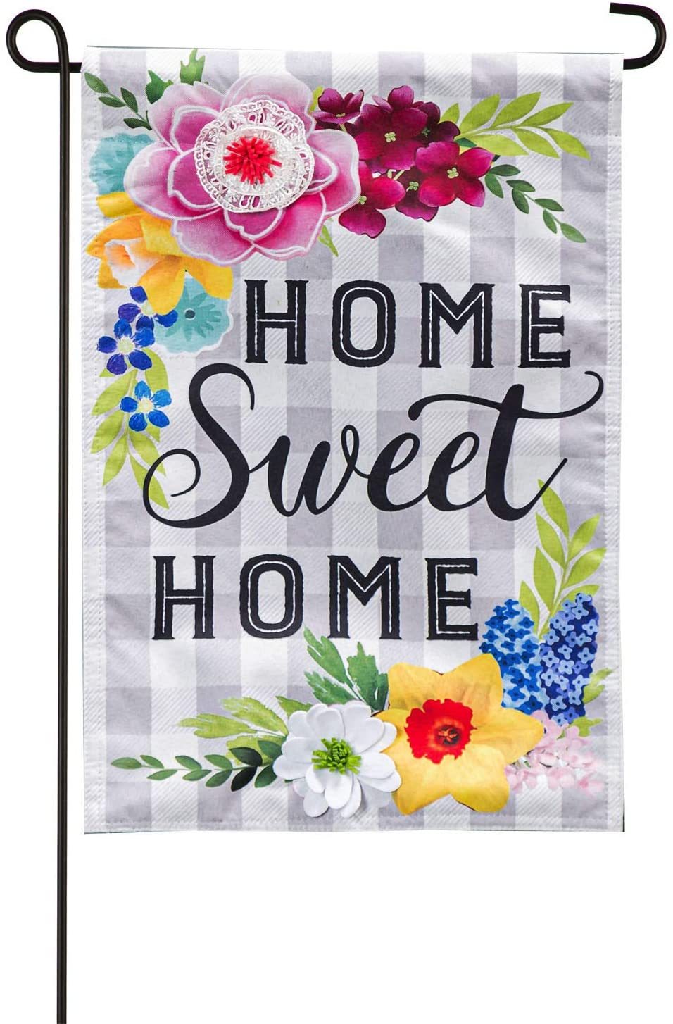 Primary image for Home Sweet Home Plaid Floral Garden Linen Flag,-2 Sided Message, 12.5" x 18"
