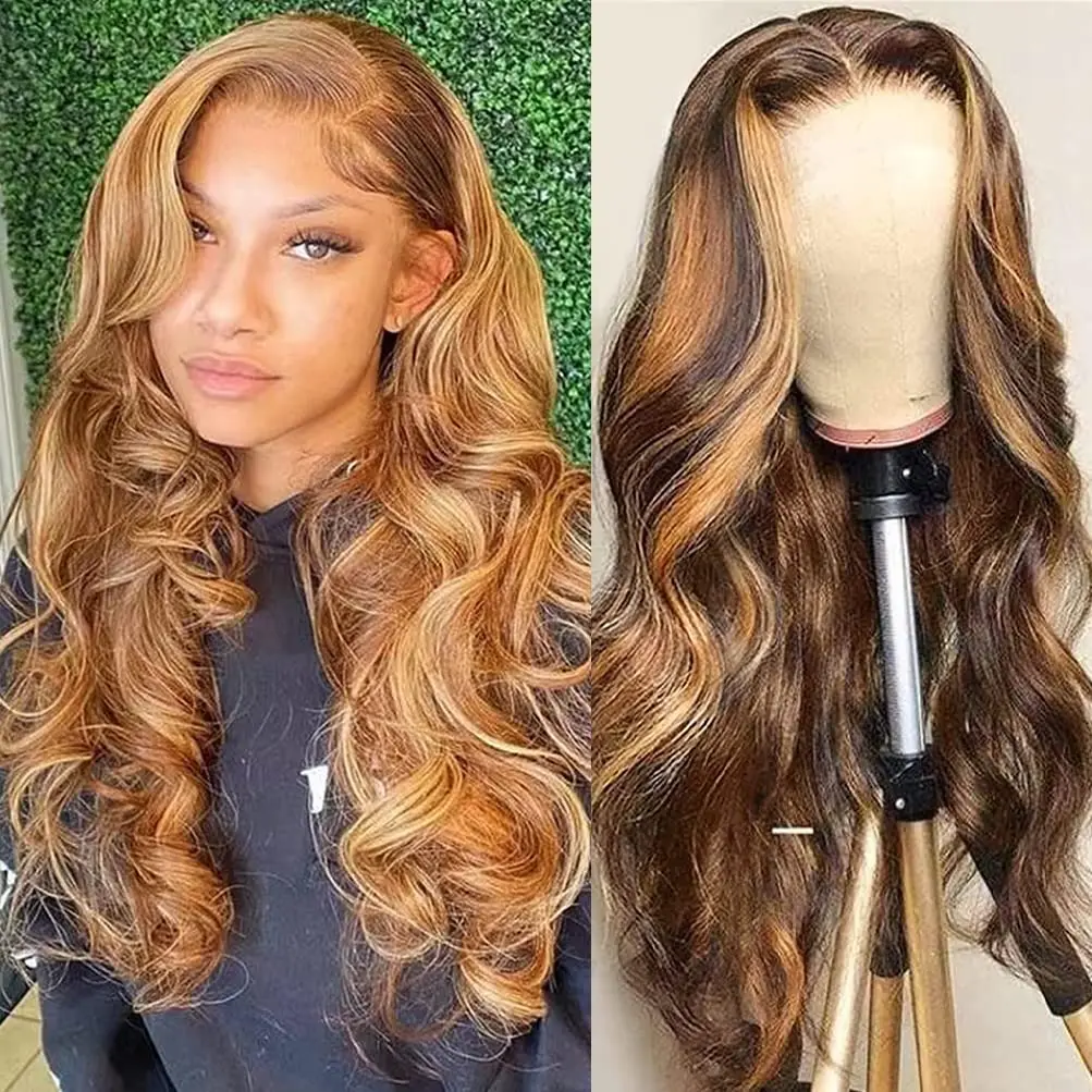 Body Wave Synthetic Lace Front Wig Honey Blonde Wig for Women 4/27 Colored  - £28.29 GBP
