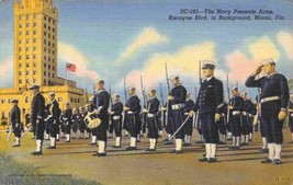 Navy Presents Arms Biscayne Boulevard Miami Florida linen postcard - $6.44