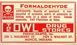 1 Vintage Pharmacy Label FORMALDEHYDE w/ Skull &amp; Bones Owl Drug Stores Muncie IN - £34.61 GBP