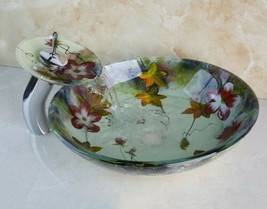 Modern Floral Bathroom Round Sink Basin Tempered Glass Bowl W/Chrome Faucet - £152.54 GBP