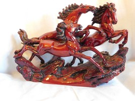 M Chinese Cast Red Resin 13&quot; 3 Horse Figurine - £19.86 GBP