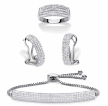 Diamond Accent Platinum 3 Piece Ring Demi Hoop Earrings Bolo Bracelet Set - $299.99