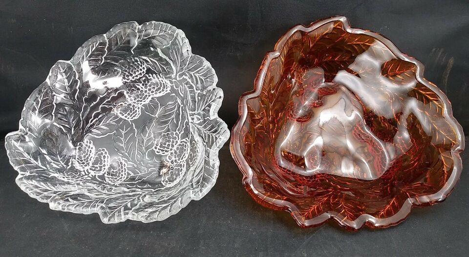 LOT OF 2 VINTAGE DEPRESSION GLASS RASPBERRY &amp; LEAF PATTERN  BOWLS: Clear... - $16.00