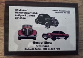 4th Annual Weston MA Rotary Antique Classic Car Show PLAQUE 3rd Place 1998 - £15.80 GBP