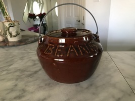 Vintage Ceramic Glazed BEANS Brown Canister Storage With Wire Handle - £23.52 GBP
