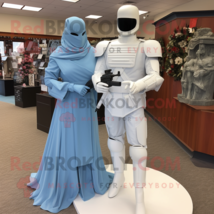 Sky Blue Gi Joe mascot costume character dressed with a Wedding Dress and Wraps - $1,309.00