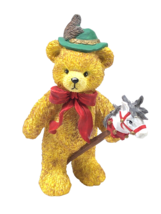 1995 Bronson Collectibles Teddy Bear With Stick Hobby Horse Red Bow Green Hat 4&quot; - £9.39 GBP