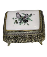Vintage Metal Porcelains Music Trinket Jewelry Box Mockingbird FLORAL JAPAN - $35.05