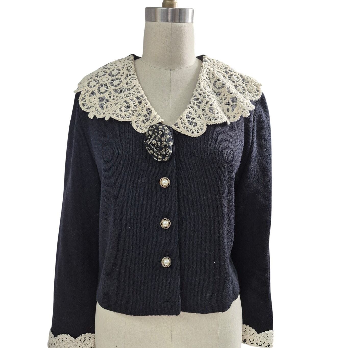 Jeffrey &amp; Dara Linda Hutley Black Cardigan Lace Cottage Romantic Whimsie... - £35.74 GBP