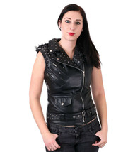 Women&#39;s Black Biker Silver Spike Punk Studded Zipper Style Cropped Leath... - £140.58 GBP
